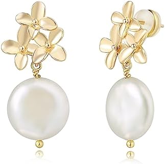 Lever-Back Baroque Pearl Drop Earrings in 14K Yellow Gold for Women, Dangle Design with Flower Accents