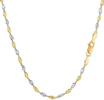 14K Two-Tone Yellow and White Gold 2.00mm Shiny Diamond-Cut Classic Singapore Chain Necklace for Pendants and Charms with Lobster-Claw Clasp (16" 18" or 20" inch)