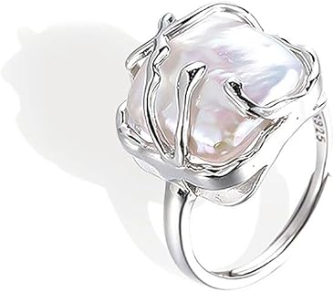 Open Resizable lrregular Pearl Ladies Silver Ring, Baroque Pearl Ring 925 Sterling Silver Ring, Fashion Statement Ring Suitable or Woman Girl's Daily Birthday Anniversary Valentine's Day Gift…