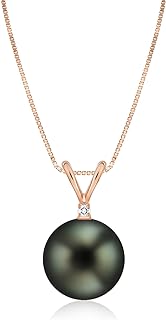 Pearl Pendant Necklace for Women Tahitian Black Pearl Pendant Necklace with Diamond in 14K Real Solid Gold or Sterling Silver - 14K Genuine Solid Gold or Sterling Silver Tahitian Black Pearl Pendant Necklace with Diamond and 18" Box Chain - AAA Quality - Responsibly Sourced