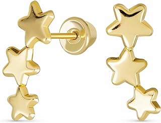 Screw Back 3-Star Stud Earrings in 14K Yellow Gold for Women and Teens, Solar Fun Celestial Mini Crawler Design