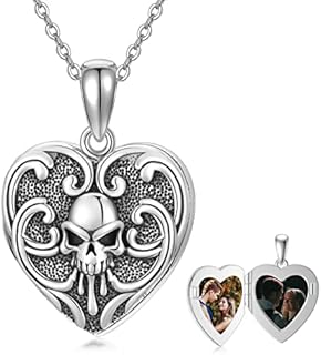 Seiyang Skull Locket Necklace Sterling Silver Rose Skull Heart Locket Necklace That Holds Pictures Locket Necklace Skull Jewelry Gift for Women Men (with Gift Box)