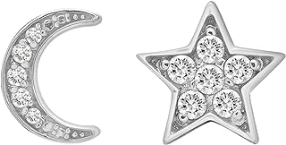 Timeless Love Diamond Stud Earrings, Mismatched Star and Moon Design, with Push Back, in Sterling Silver for Women and Girls