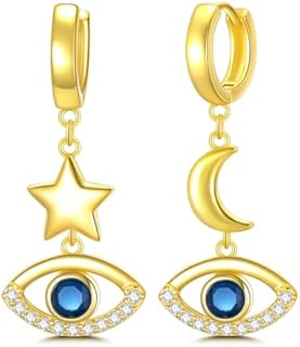 Hinged Hoop Abalone Sterling Silver Earrings + Cubic Zirconia Gem + For Women + Moon & Star Dangle Design