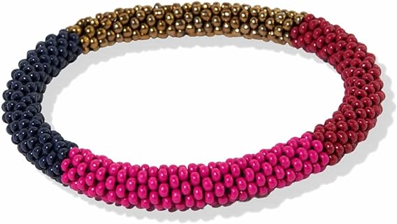 INK + ALLOY Boho Chic Beaded Slider Bracelet with Bead Chain, Handcrafted in Brass, Ideal for Mix and Match Stacking - Indian Glass Seed Beads in Color-block Design