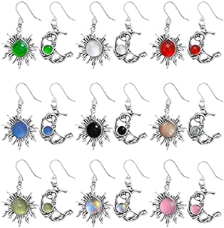 9 Pairs Handmade Bohemian Vintage Silver Sun Moon Dangle Drop Earrings Asymmetric Boho Retro Opal Moonstone Moon And Sun Hook Earring Sets for Women Girls Teen Hypoallergenic Statement Jewelry Gifts