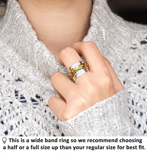 925 Sterling Silver Band Ring for Women with Brass Wrap Wide Statement Ring