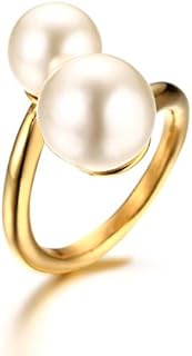 Double Simulated Pearl Wrap Ring: Gold Plated Stainless Steel Large Statement Ring for Women