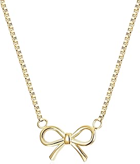 Women's 18K Gold Plated Bow Tie Necklace with Adjustable Cable Chain - Cute Dainty Pendant Necklace with Polished Stainless Steel Choker Link - Gift Jewelry for Girls
