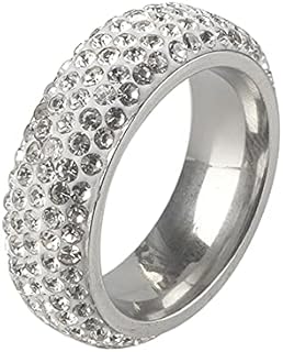 Dtja CZ Iced Out Wedding Statement Ring for Women Men Stainless Steel White Gold Plated 7mm 5 Rows Crystal Wide Band Rings Comfort Fit Fashion Punk Engagement Birthday Christmas Jewelry Gift