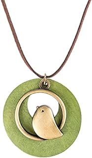 Boho Vintage Handmade Wood Pendant With Cute Charms Long Army Green Leather Necklace Sweater Chain for Girl Women Long Necklace All-Match Style Gift Fashion