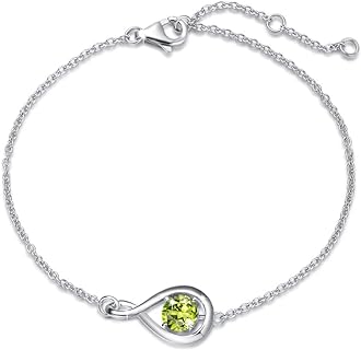 Lobster Claw Clasp Peridot Bead Bracelet with Cable Chain, Sterling Silver Link Bracelet for Women, Simple Infinity Design Anniversary Gift for Her