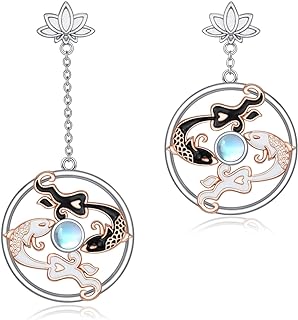 925 Sterling Silver Dangle Lotus Koi Fish Earrings Studs with Push Back Design Made in China - Perfectly Balanced Yin Yang Style Jewelry Gift for Women and Girls