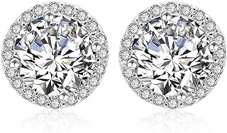 Cubic Zirconia Stud Earrings Girls - Post Earrings for Women Clear Crystal Diamond Studs Halo Stud Earrings Sterling Silver Top cz Zircon Fashion Everyday Costume Jewelry Gift Pack