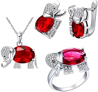 Uloveido Good Luck Big Elephant Shape Crystal Drop Pendant Necklace, Earrings and Rings Wedding Jewelry Set for Bridal Women Birthday Anniversary T485