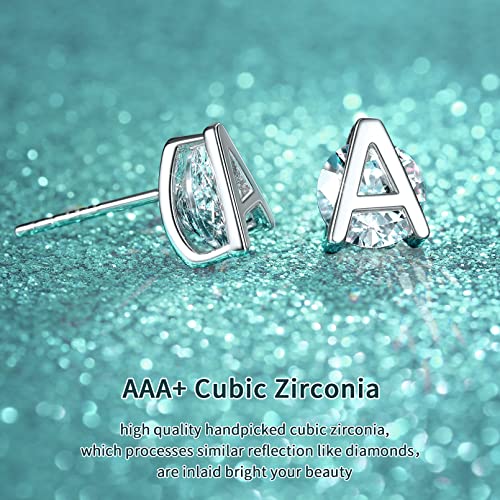 Small Initial Stud Earrings for Women, 925 Sterling Silver Cubic Zirconia Letter Earrings Hypoallergenic (with Gift Box)