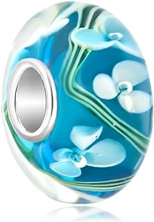 CharmsStory Sterling Silver White Flower Ocean Blue Murano Glass Charms Beads For Bracelets