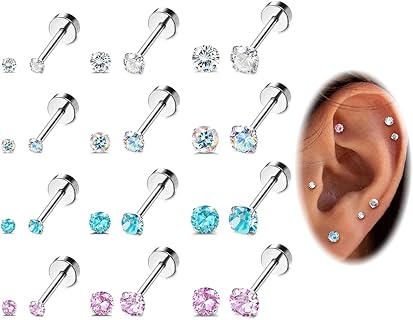 Kakonia Boucles d'Oreilles en Zirconium Pour Femmes et Hommes, 20G Acier Inoxydable avec Dos Plat, Taille 2-4mm, Idéales Cartilage Helix et Usage Quotidien