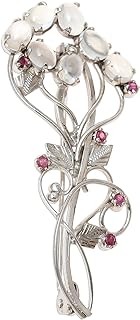 NOVICA Handmade Rhodium Plated Moonstone Ruby Brooch from India .925 Sterling Silver Leaf Tree Birthstone [2.4 in L x 1 in W x 0.2 in D] 'Rajasthani Royalty'