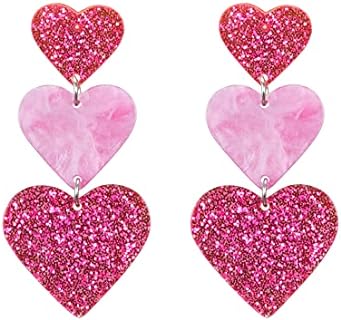 Pink Heart Dangle Earrings for Women Girls Valentines Day Gifts (Pink)