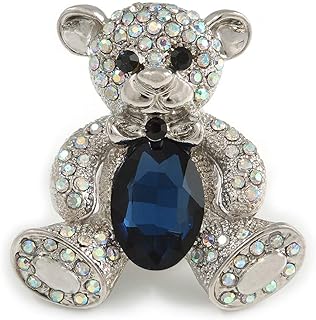 British Silver-Plated AB Crystal & Dark Blue Glass Stone Teddy Bear Brooch/Pin - Versatile for Casual or Special Occasion, Ideal Gift - 45mm