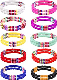 Jadive 20 Pieces Colorful Heishi Surfer Bracelets Set Rainbow Clay Disc Beaded Bracelets Stretch Layering Bracelets Elastic Boho Stackable Beaded Bracelets Summer Beach Jewelry Bracelets