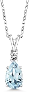 Spring Ring Clasp Sterling Silver Cable Chain Necklace with Sky Blue Aquamarine and White Diamond Pendant for Women, Pear-Shaped Design