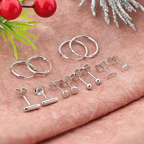 8 Pairs Sterling Silver Stud Earrings Sets for Women Men 14K Gold Plated Tiny Ball Dot Star Moon Bar CZ Stud Earrings Lightweight Small Huggie Hoops Cartilage Earrings Sets for Multiple Piercing Hypoallergenic
