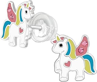 AUBE JEWELRY Hypoallergenic 925 Sterling Silver Flying Colourful Unicorn Stud Earrings Adorned with Crystal with Comfort Fit Push Back Closings for Girls and Women