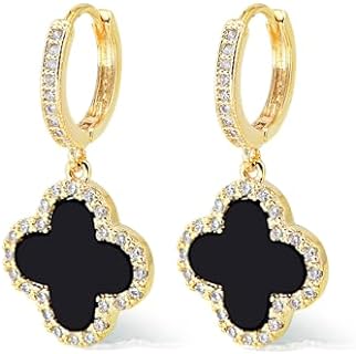 Gold-Plated Sterling Silver Drop Earrings with Zircon Charms, Women's Green Four Leaf Clover Design