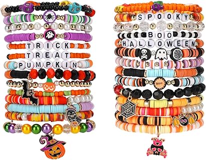 28pcs Halloween Bracelets Set Friendship Clay Preppy Heishi Boo Skull Charm Beads Stackable Bracelet Surfer Ghost Pumpkin Stretch for Women Girls Accessories Jewelry Gift