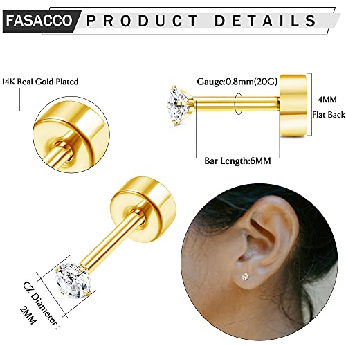 12 Pairs 14K Flat Back Earrings 20G Cartilage Earring Stud Tiny 2MM 3MM 4MM Flat Back Stud Earrings