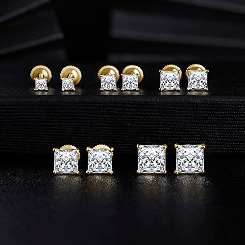 18K Gold Plated Princess Cut Cubic Zirconia Screw Back Stud Earring Pack of 5 Pairs (5 Pairs)