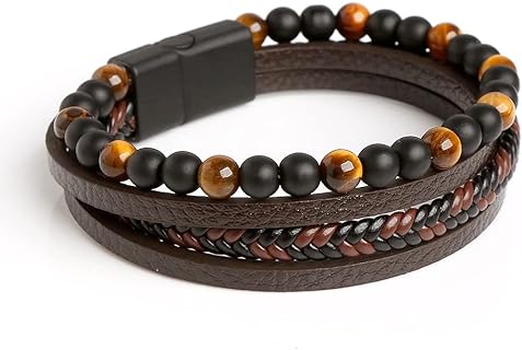 Jewbelet Leather Bracelet Men with Stainless Steel Clasp Beaded Multi Layer Braided Leather Bracelet Bangles Chain For Men Jewelry Gift