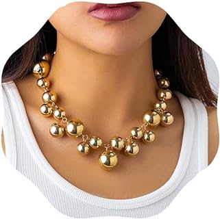 Chunky Boho Gold Choker with Cable Chain, Short Beaded Pendant Necklace for Women and Girls, Alloy Crafted, No Gemstones