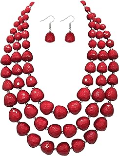 Statement Chunky Multi Strand Colorful Beaded Necklace For Women Fashion Costume Jewelry Earring Set Bold African Acrylic Large Strawberry Bead 3 Layered Bib Collar Choker