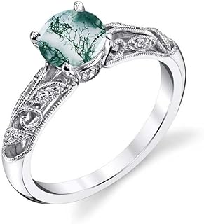 Blocaci Vintage White Gold Moss Agate Engagement Ring for Women - Round Cut, 1CT Central Moss Agate Encircled by Moissanite