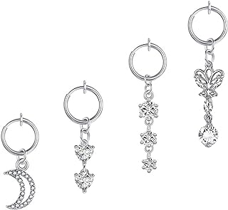 COLORFUL BLING Fake Clip on Fake Belly Button Rings Set,CZ Moon Star Butterfly Pendant Dangle Navel Rings Surgical Steel Crystal Non Belly Body Piercings Jewelry