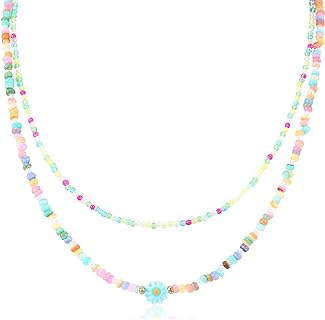 Bohemian Colorful Layered Beaded Necklace for Women Cute Green Daisy Flower Charm Glass Seed Beads Choker Necklace Handmade Adjustable Statement Necklace Boho Summer Beach Jewelry Gift for Teen Girls