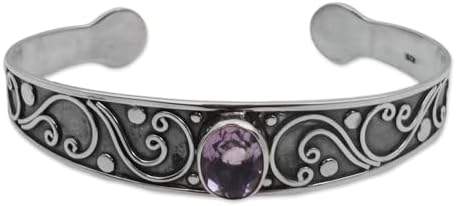 NOVICA Artisan Amethyst Cuff Bracelet and Sterling Silver Spiral from Bali Purple Indonesia Birthstone [6 in L (end to End) x 0.6 in W Crownbezel 0.5 in L x 0.4 in W x 0.2 in H] ' Vine Beauty'
