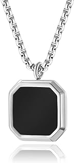 Men's and Women's Geometric Stainless Steel Square Pendant Necklace with 24" Rolo Chain, Black Enamel Detailing, Perfect for Jewelry Gift