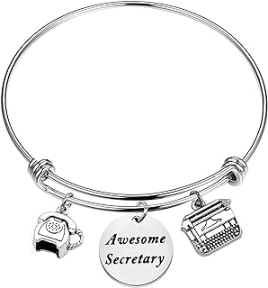 Personalized Stainless Steel Bangle Charm Bracelet with Box Chain and Lobster Claw Clasp for Secretaries - Secretary Themed Office Worker Jewelry Design