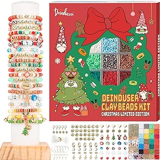 Deinduser Bracelet Making Kit for Beginner Christmas 6000Pcs Beads for Jewelry Making Christmas Tree Snowflake Gingerbread Charms Red Green Clay Beads Gold Heart Star Spacer Beads for DIY Crafts