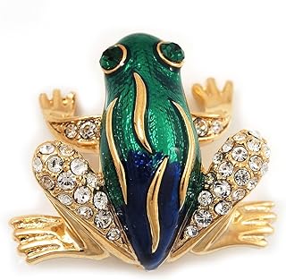 Funky Green/Blue Enamel Diamante 'Frog' Brooch In Gold Plated Metal - 2.5cm Length