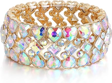 BriLove Crystal Heart Bangle Bracelet in Box Chain Design - Elegant Wedding Bridal Accessory for Women