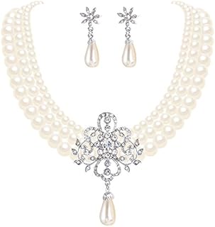 EleQueen Women's Silver-Tone Ivory Simulated Pearls Crystal Victorian Style Statement Necklace Earrings Bracelet Bridal Wedding Sets