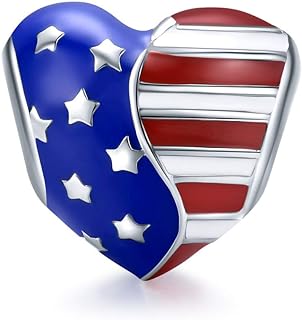Junyi American Flag Charm Bracelet, 925 Sterling Silver, Love & Heart Charms, Ideal Anniversary Gift, Compatible with Pandora