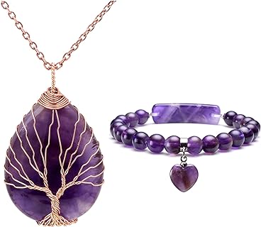 Jovivi 2pcs Healing Crystal Bracelet Necklace Set 8mm Natural Round Stone Beads Heart Chakra Crystal Bracelet & Tree of Life Teardrop Copper Wire Wrapped Gemstone Pendant Necklace for Women