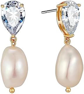 Timeless Baroque Pearl Drop Earrings with Cubic Zirconia in Silver-Dangle Design for Women: Ideal for Brides, Bridesmaids and Birthday Gifts