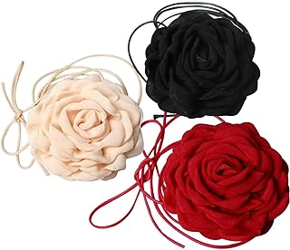 Girls' 3 Piece Velvet Rose Choker Necklace Set - Black/White/Red Big Flower Rope Chain Necklace
